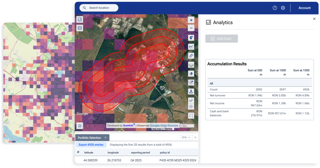 Screenshots of spatial data on a map and accumulation analysis of an insurance portfolio performed in Graph by Quarticle