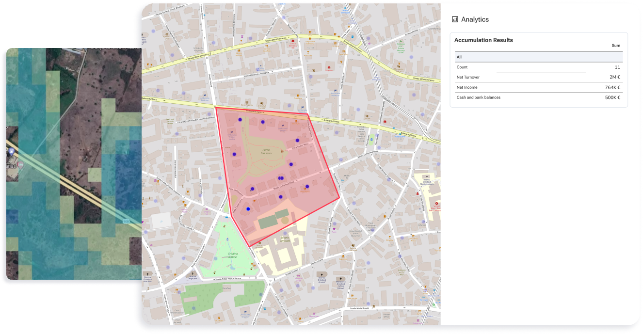 Screenshots of geographical data layered on the map and portfolio analysis by buffer line performed in Graph by Quarticle