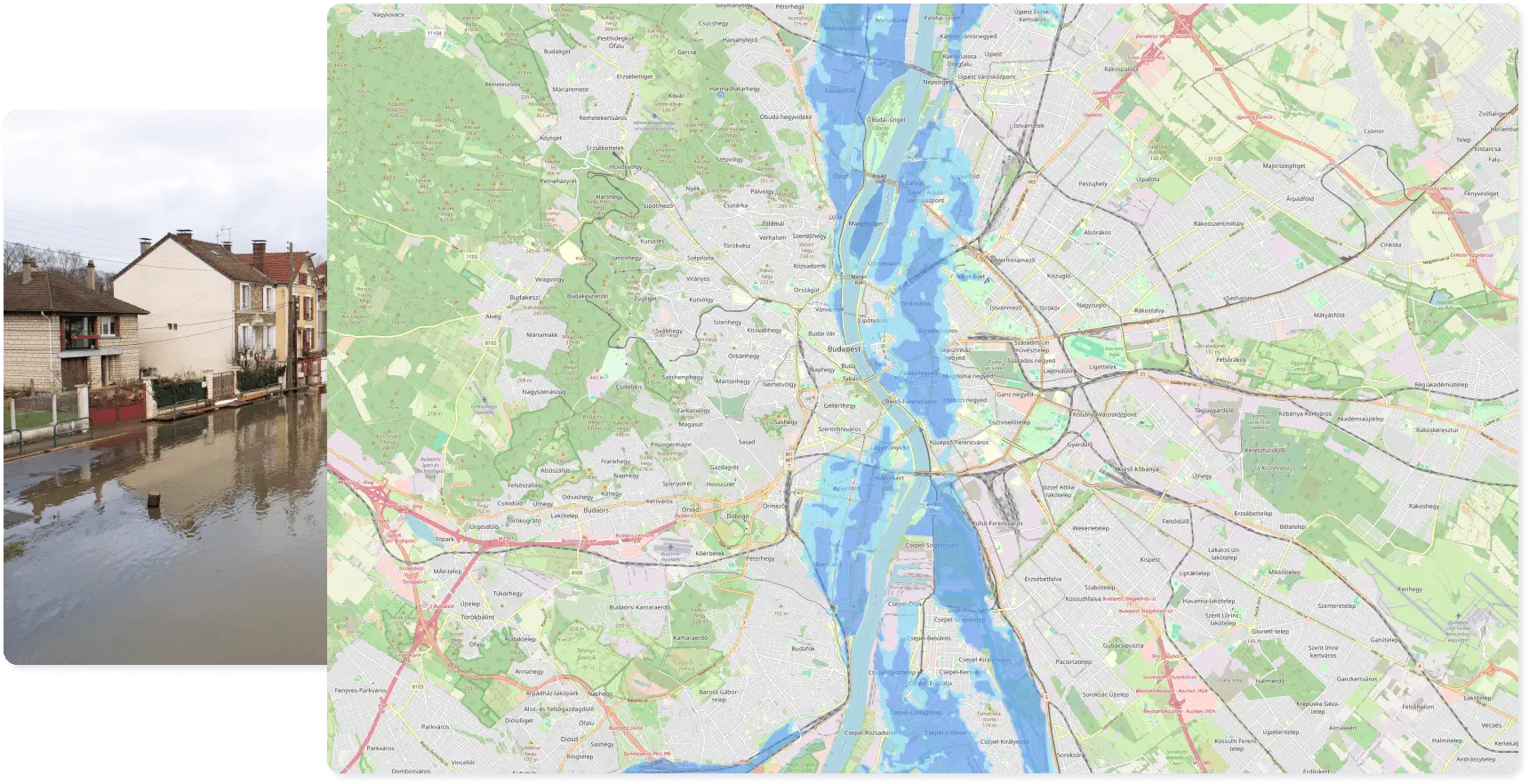 Flooded residential street alongside a geospatial map overlay highlighting areas of risk, with blue shaded zones indicating flood-prone regions in an urban area.