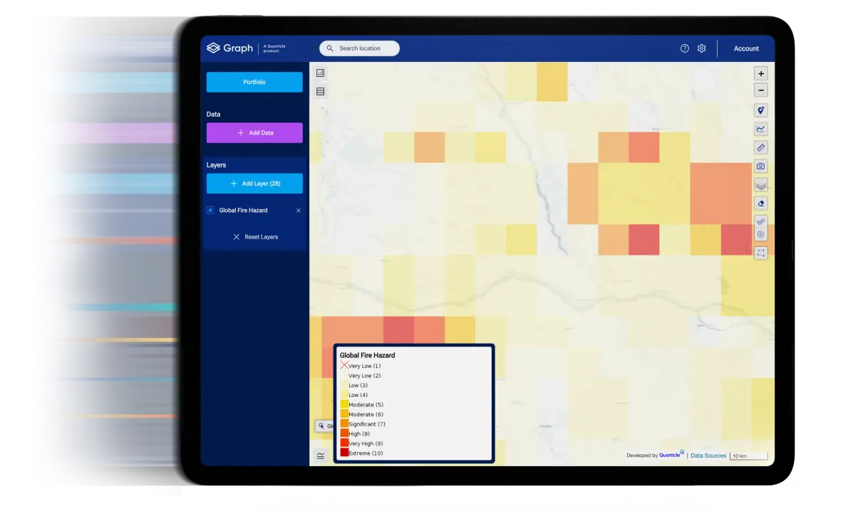 View of Graph by Quarticle accessed from a tablet, displaying a map with a global fire hazard layer and the legend with different risk levels