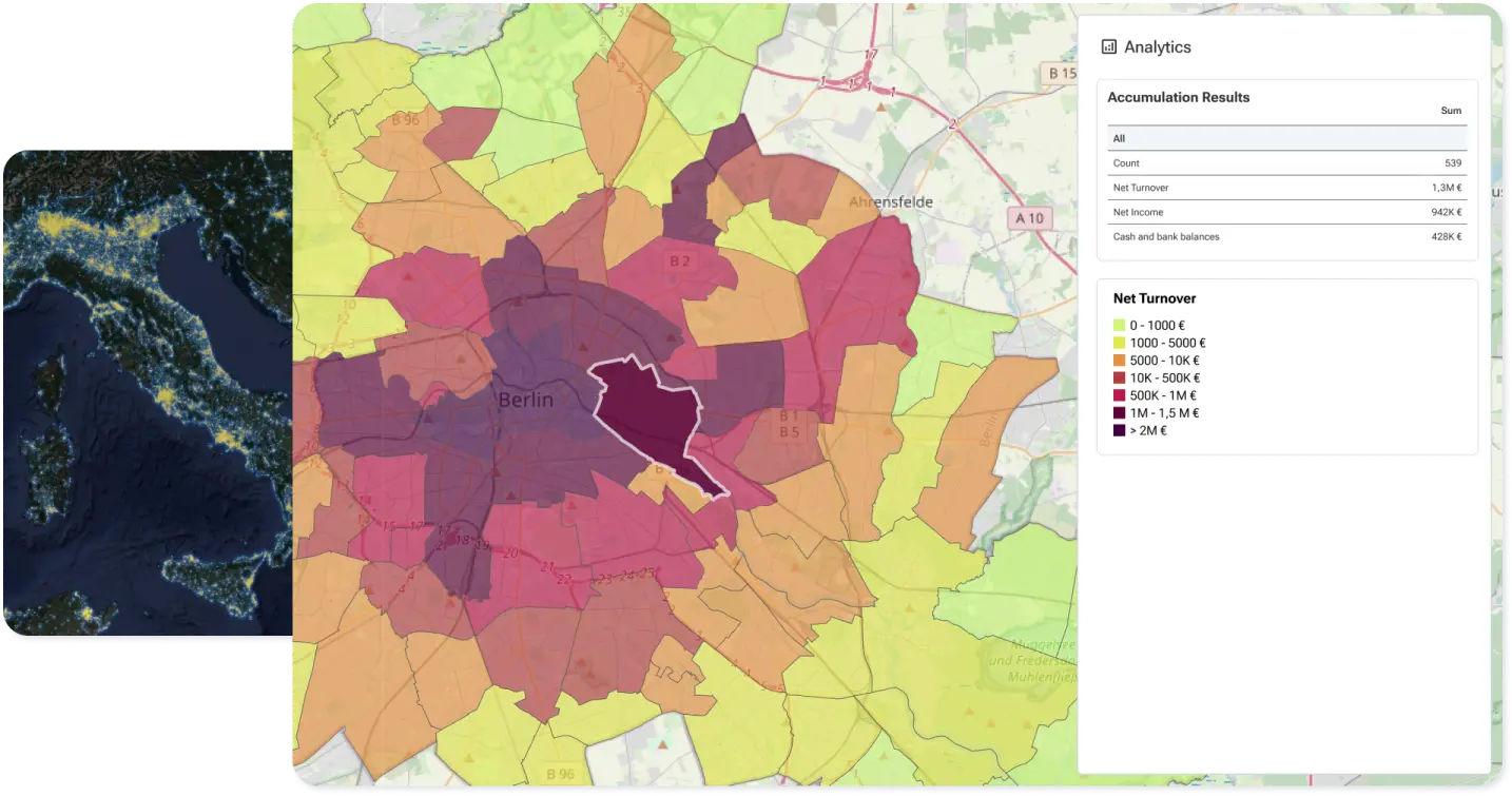 A collage of maps showing a light pollution layer in Italy and a map with accumulation results split by neighborhoods in Berlin
