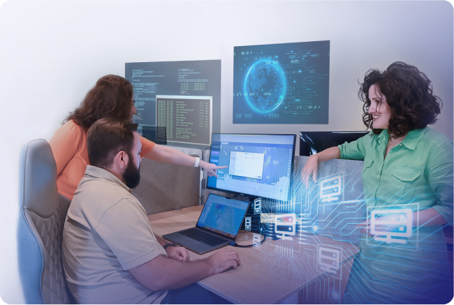 GIS developers working together and looking at a computer screen