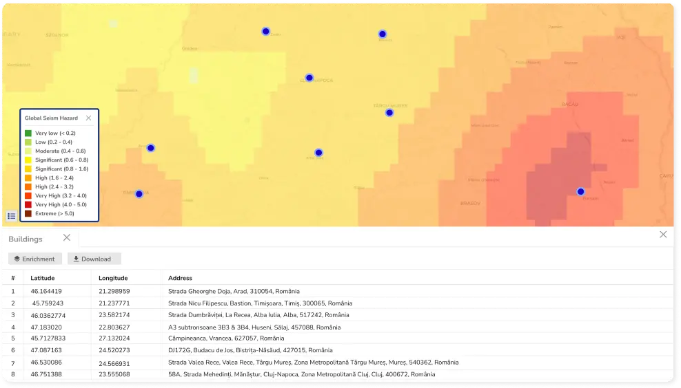 Graph by Quarticle interface showing a global seismic hazard layer on a map and a table with location points and their longitude, latitude, and address coordinates.