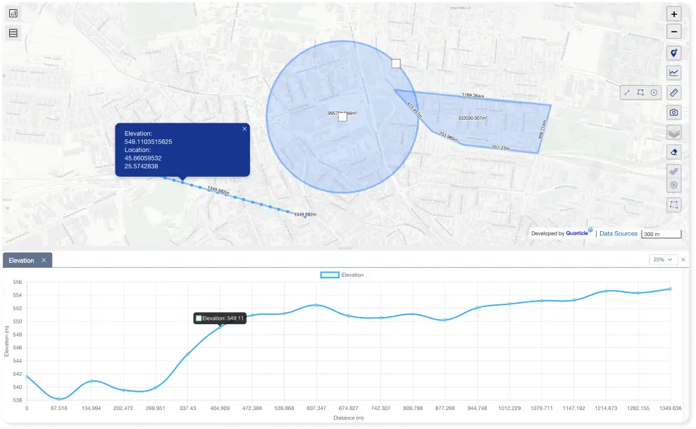 Screenshot of Graph by Quarticle containing a map with drawn measurements by polygon, circle, and an elevation profile graphic drawn using the elevation profile tool.