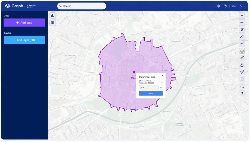 Screenshot of the Graph by Quarticle interface displaying a manually added catchment area by 700 meters around a map point.