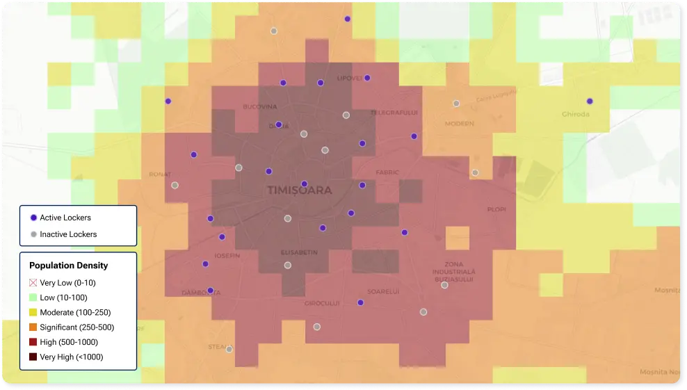 Screenshot of Graph by Quarticle with a population density heatmap and legend overlaid by active and inactive locker points in Timisoara, Romania