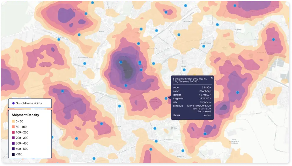 Screenshot of the Graph by Quarticle interface displaying a heatmap of shipment density overlaid by active delivery pick-up points