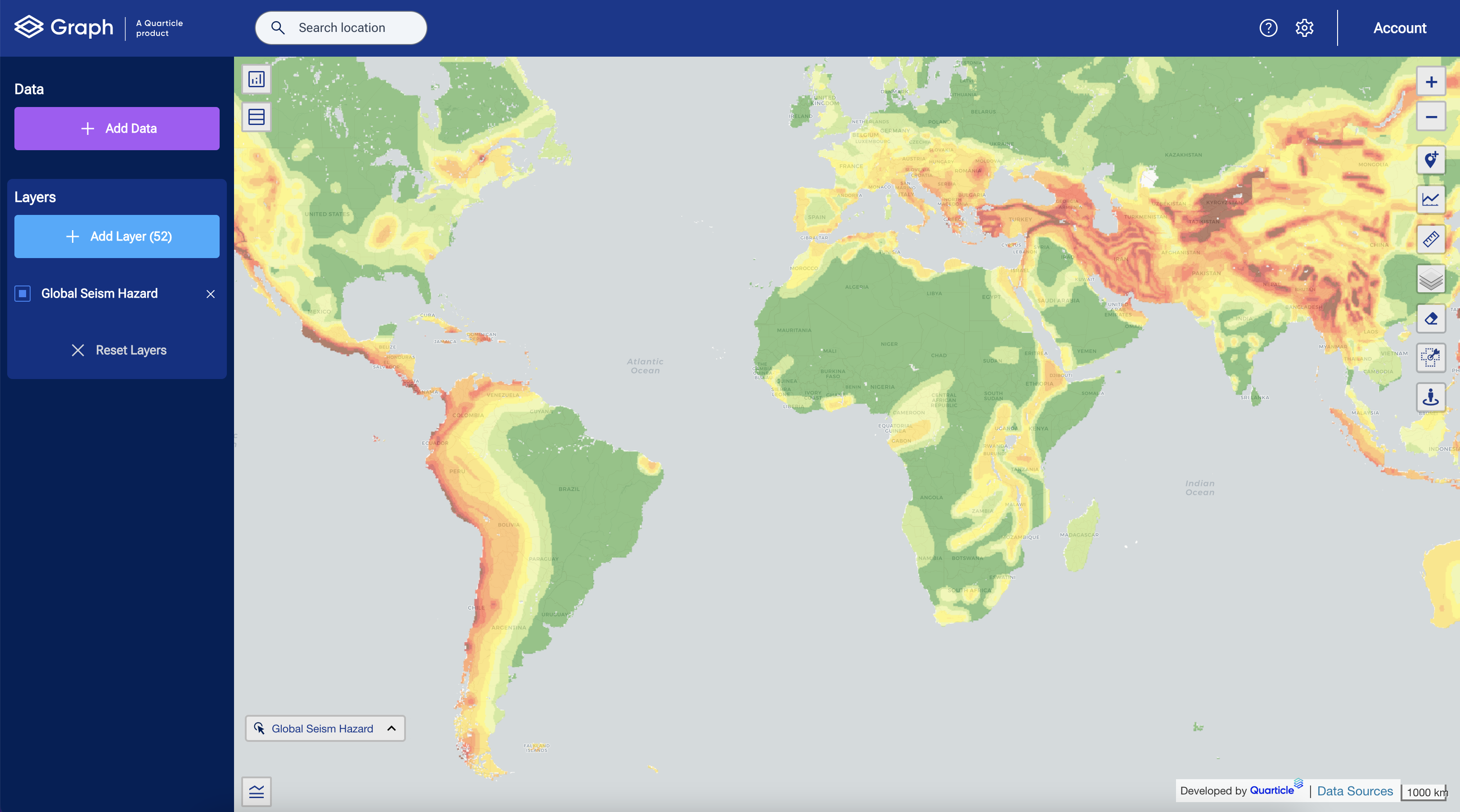 Global seism hazard layer displayed in Graph by Quarticle