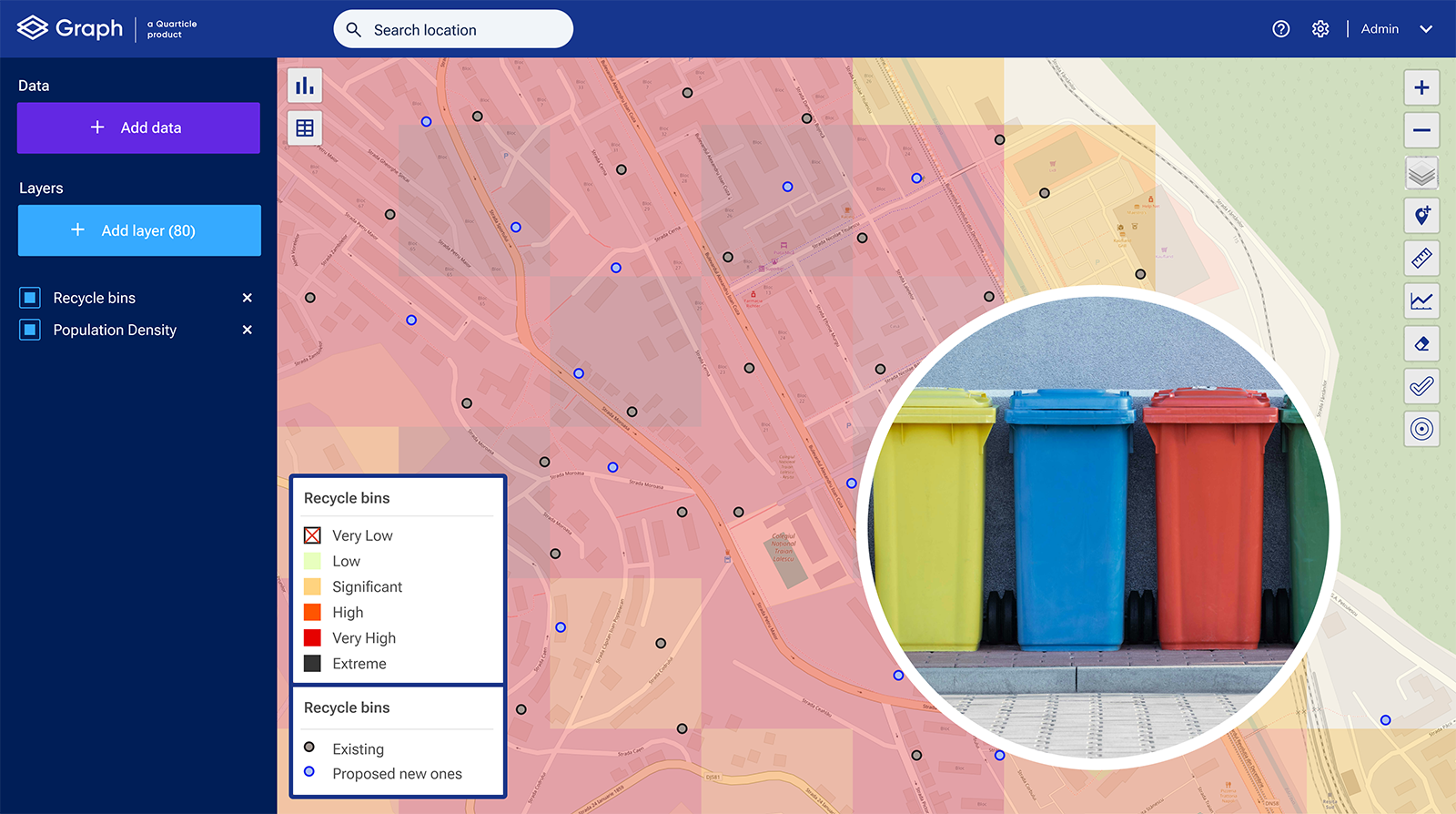 A map with recycle bins as points geoinformation recycle management