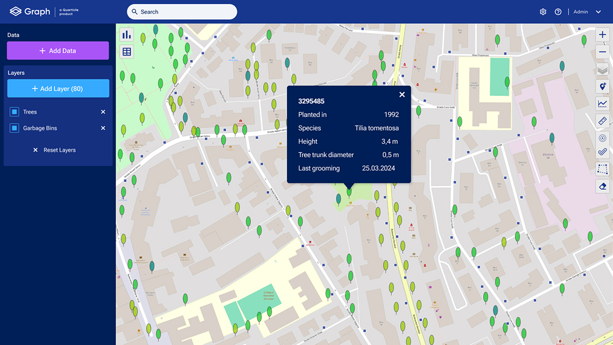 Snapshot of Graph by Quarticle showing trees and garbage bins placements