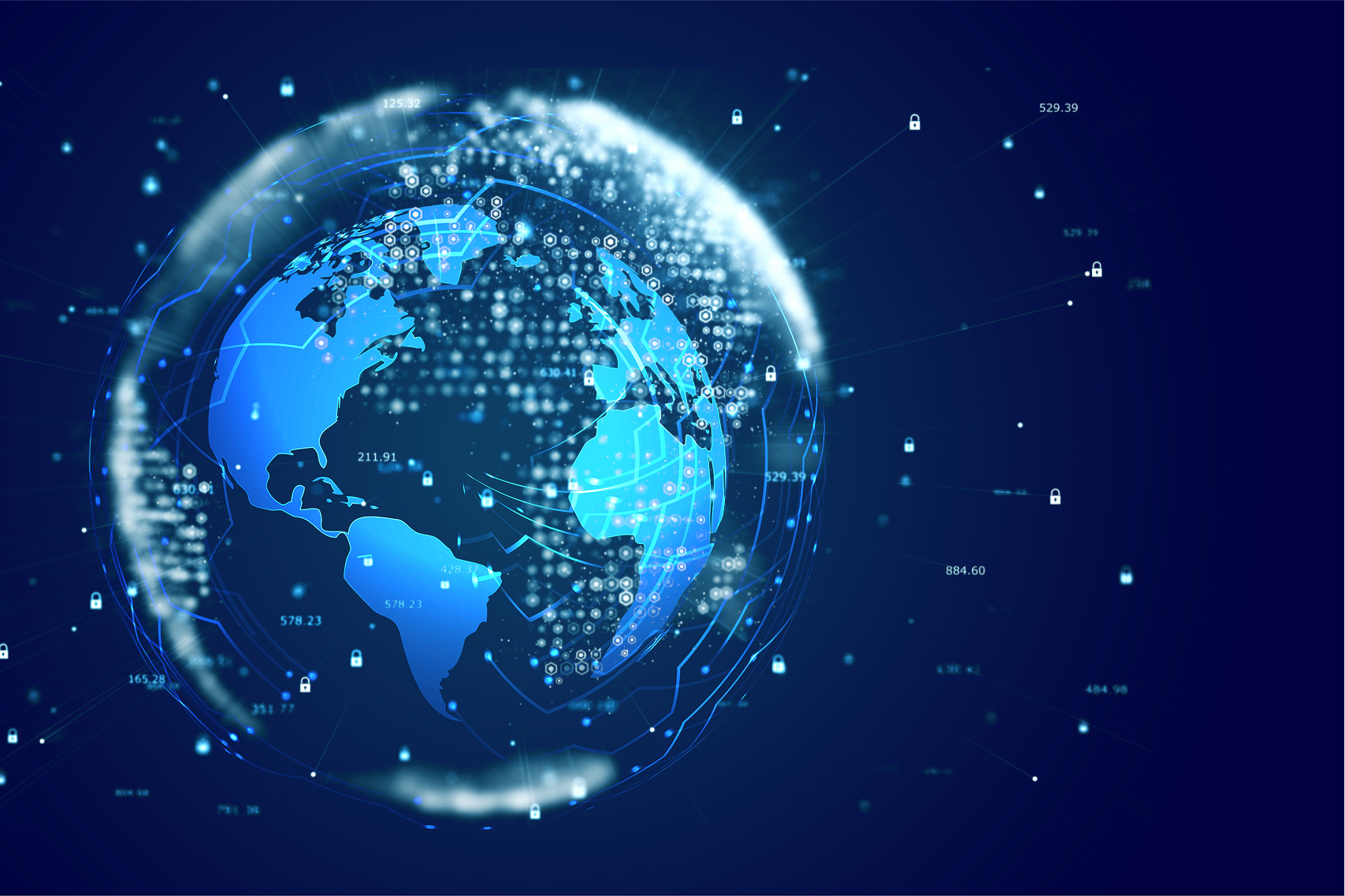 A futuristic digital globe showcasing global data networks, cybersecurity, and geospatial analytics. The glowing connections and data points represent advanced mapping, predictive analytics, and secure information exchange.